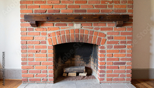 Rustic vintage brick fireplace with wooden mantel, cozy ambiance