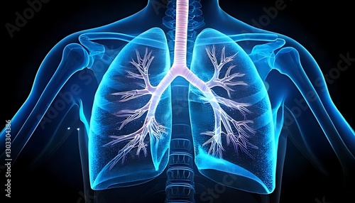 The image shows a glowing, blue representation of human lungs, highlighting the trachea and bronchial tree in a sleek, anatomical style.