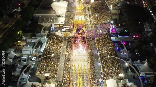 aerial view of the sambadrome at the 2025 carnival parade of the gavioes da faithful samba school