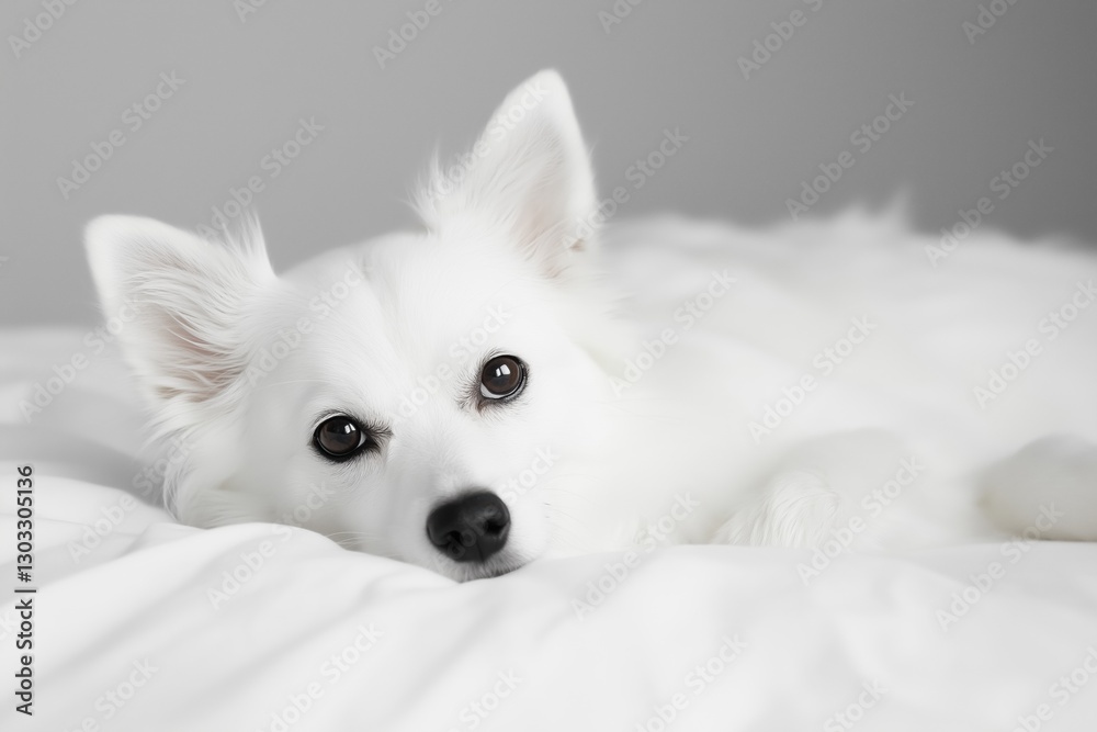Fototapeta premium A white dog is laying on a bed. The dog has a black nose and is looking at the camera