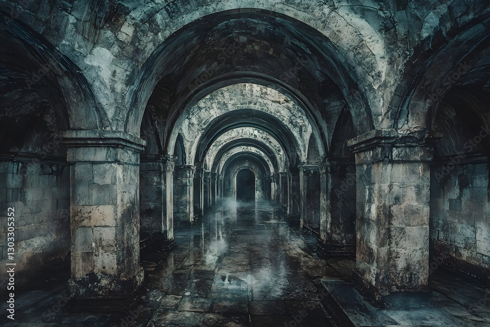 Naklejka premium Mysterious Dark Gothic Archway Corridor Ancient Stone Architecture Medieval Crypt Wet Floor