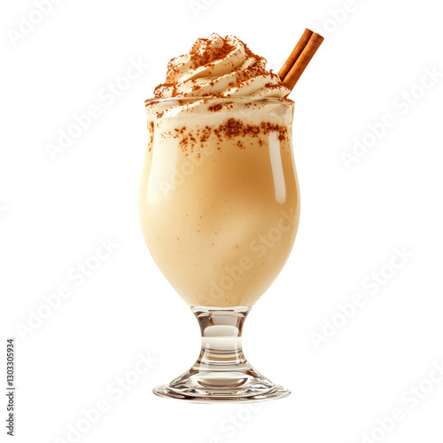 Glass of creamy eggnog with whipped cream topping and cinnamon sticks, isolated on a transparent background. Perfect for festive drinks, holiday recipes, and seasonal advertising. photo