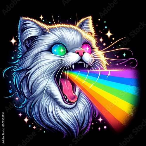  Crazy Cross Eyed Surprised Cat Whiskers Yawning with its' Mouth Open Spits Glowing Rainbow Wavy Lights Ribbon Tongue Sticking Shooting Coming Out. LGBTQIA Concept. Gay & Lesbian LGBT Pride Day Symbol