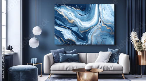 Abstract blue and white marble art on a large canvas, featuring a fluid and modern design perfect for elegant interior decor.