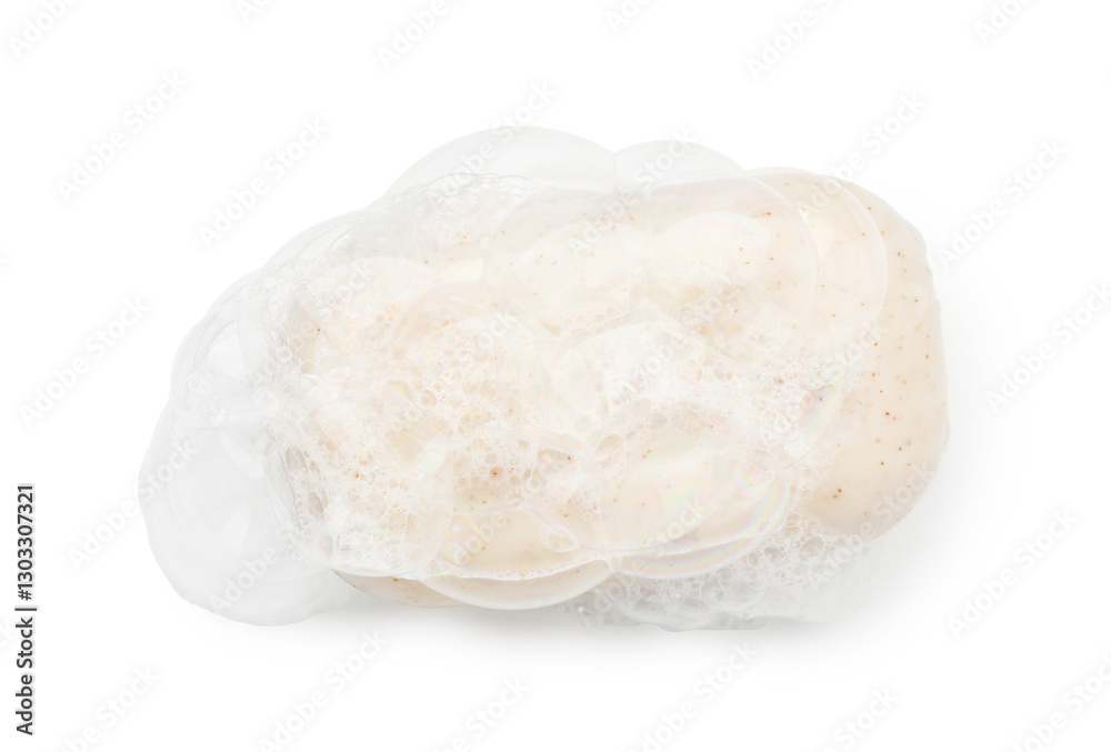 Soap with foam on white background, top view Soap with foam on white background, top view
