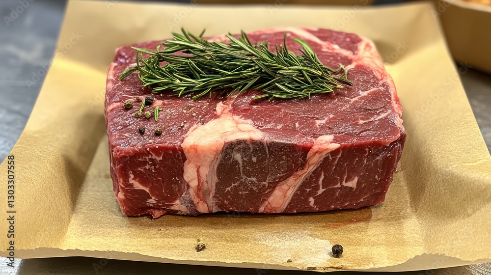Raw beef steak with rosemary and peppercorns. Raw beef steak with rosemary and peppercorns.