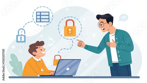 A cartoon-style illustration of a cybersecurity expert explaining data protection to a client, featuring padlock icons, secure connections, and a laptop in a digital workspace.