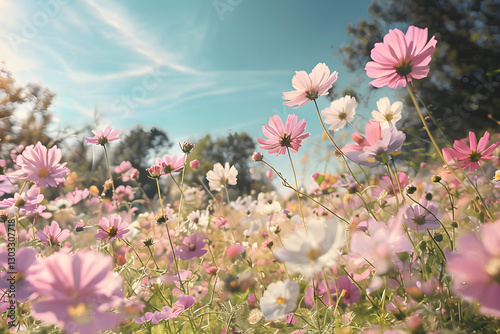 Pink flowers in the meadow, Vibrant Cosmos Flower Field Under Clear Sky