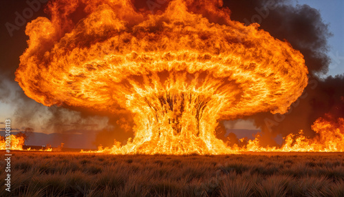 Devastating fire tornado unleashing flames in dry grassland, extreme weather