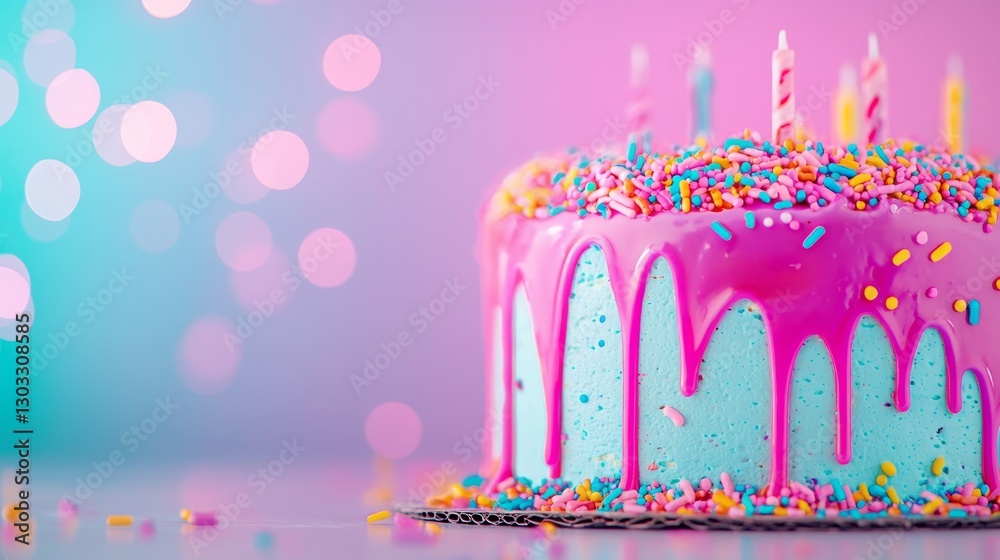 Obraz premium A vibrant birthday cake with colorful frosting and sprinkles, adorned with candles, set against a soft, blurred pastel background.