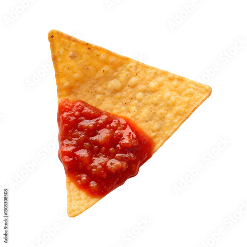 Crispy tortilla chip dipped in salsa food photography, isolated on white or transparent background