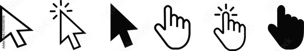 Computer Mouse Cursor and Hand Click Icons Set – Black and Outline Vector Illustration Computer Mouse Cursor and Hand Click Icons Set – Black and Outline Vector Illustration