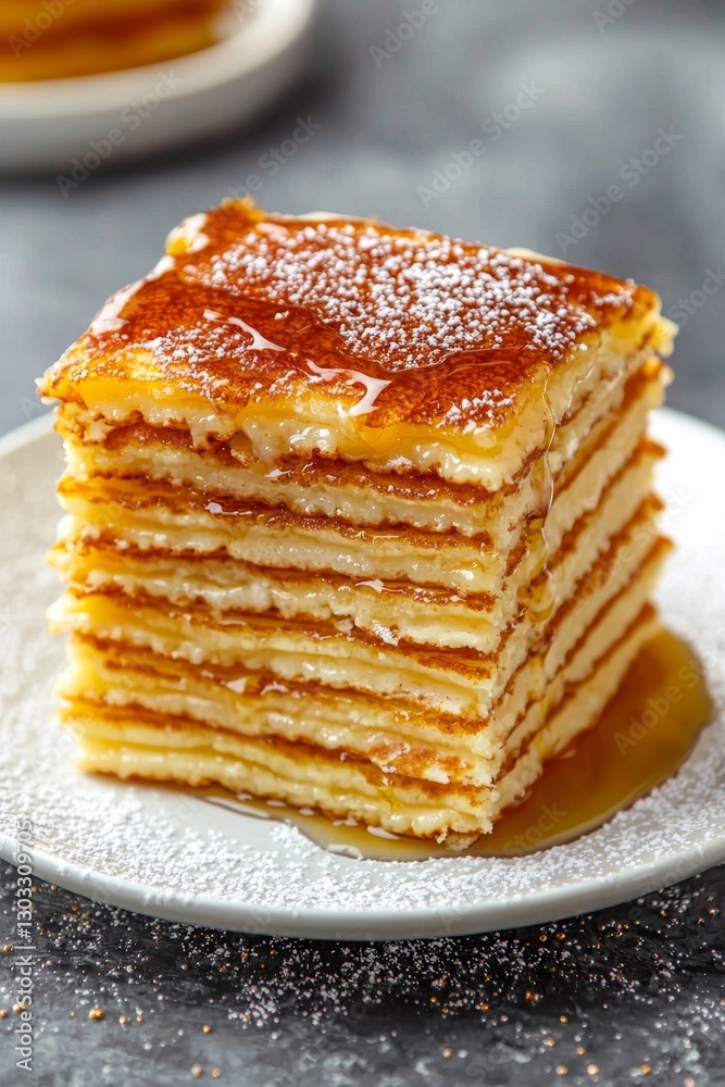A delicious stack of golden pancakes drizzled with syrup and dusted with powdered sugar, served on a simple white plate. A delicious stack of golden pancakes drizzled with syrup and dusted with powdered sugar, served on a simple white plate.