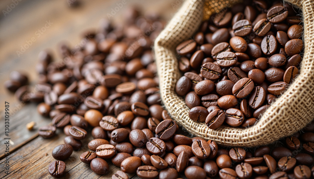 Fototapeta premium Glossy roasted coffee beans spilling from burlap sack, rustic textures