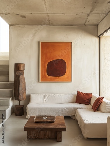 Interior del salón de una casa minimalista con un sofá, paredes acabadas en cemento