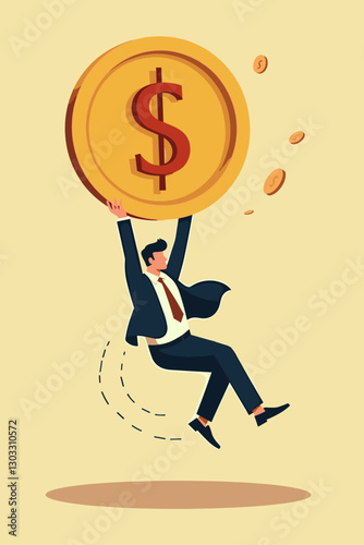 Economic crisis concept, falling businessman with giant dollar coin, financial instability and monetary policy issues