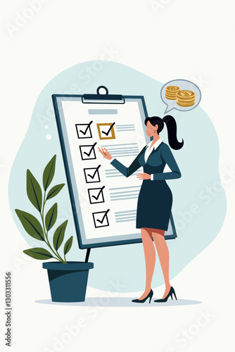 Financial Planning and Budgeting Concept with Businesswoman Analyzing Checklist and Statistics for Investment Success
