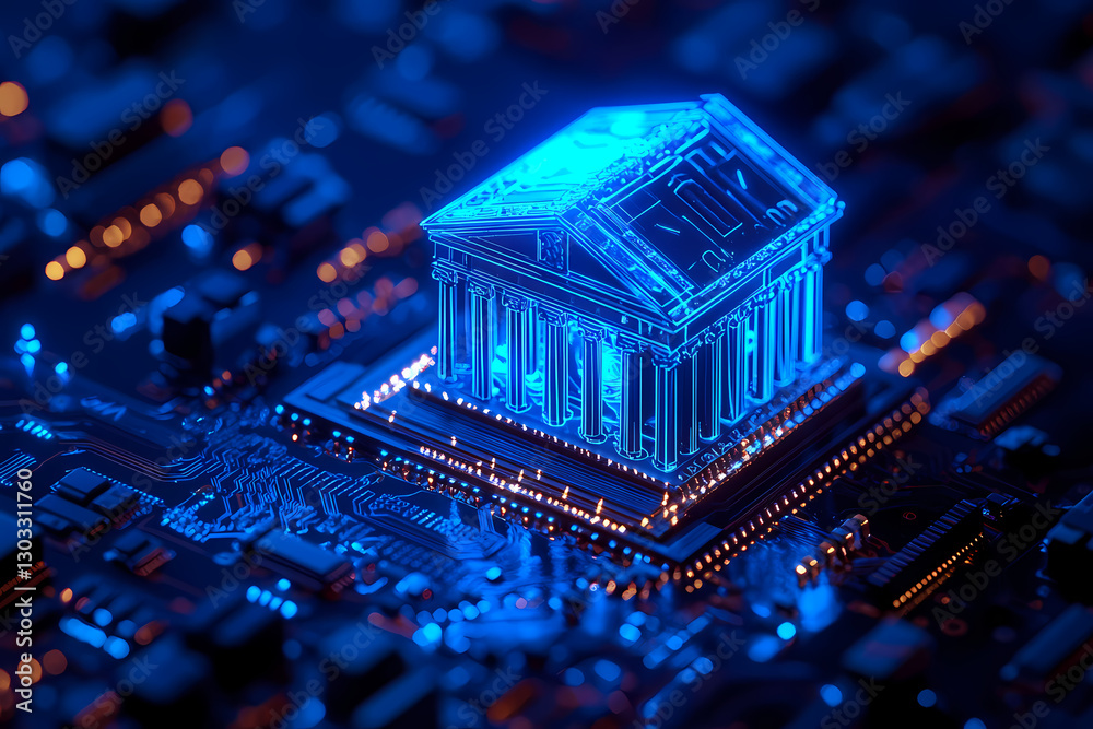 Obraz premium Digital Bank: A glowing, digital representation of a bank building hovers above a circuit board, symbolizing the evolution of financial institutions in the digital age.