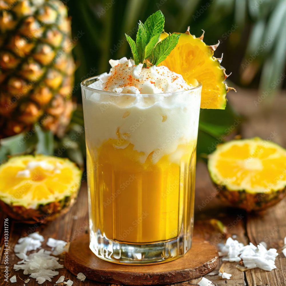 Delicious tropical smoothie topped with whipped cream and pineapple garnish
Delicious tropical smoothie topped with whipped cream and pineapple garnish