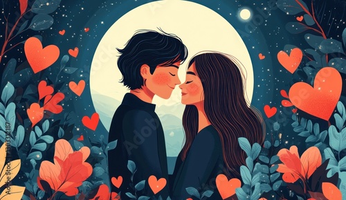 Romantic couple kissing under a moonlit night scene photo