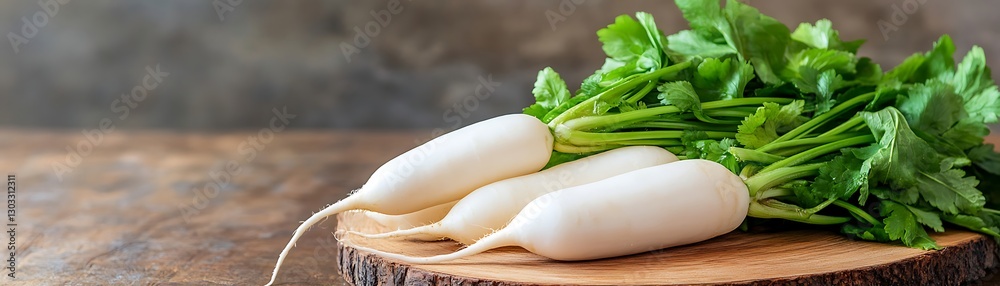 Fresh Radishes with Green Leaves on Wooden Cutting Board for Healthy Cooking and Vegan Recipes Fresh Radishes with Green Leaves on Wooden Cutting Board for Healthy Cooking and Vegan Recipes