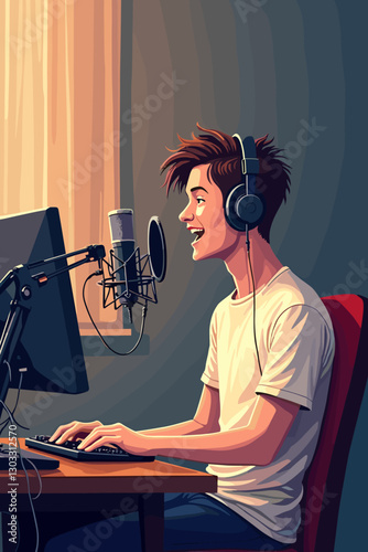 Male Podcaster Recording Show in Home Studio Setup with Professional Microphone and Headphones