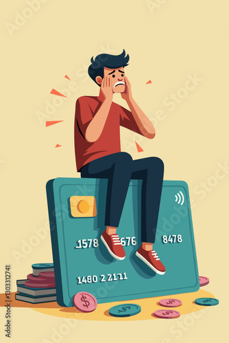 Man overwhelmed by credit card debt, seated on a giant credit card in despair.