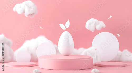 A white egg with delicate green leaves in the center, symbolizing purity and nature in a minimalist composition.