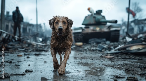 A drenched dog walks towards a tank in a devastated area, illustrating the harsh realities of war and the enduring spirit of animals facing adversity in conflict zones.
