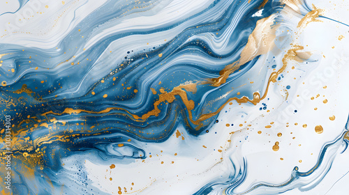 Abstract blue and gold painting with fluid shapes, artistic swirls, and a luxurious modern design.