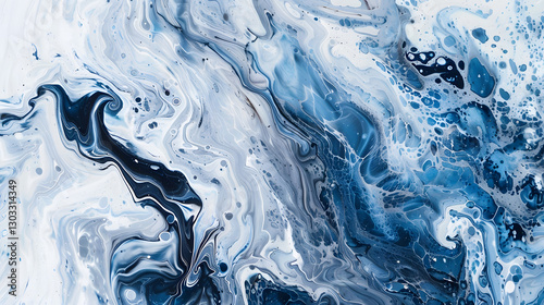 Abstract blue and white painting in marbling art style, featuring elegant fluid shapes and intricate swirling patterns.