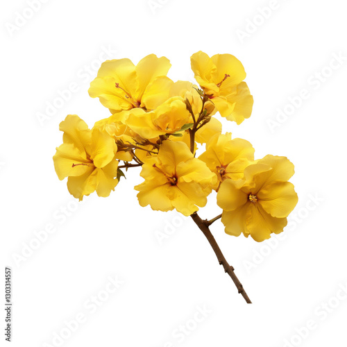 Vibrant yellow Tabebuia flowers bloom beautifully on a slender branch, highlighting their striking color against a transparent background.