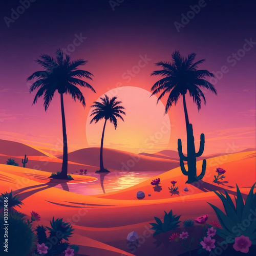 Majestic sunset paints the desert landscape with vibrant hues and silhouettes of palm trees by a tranquil oasis