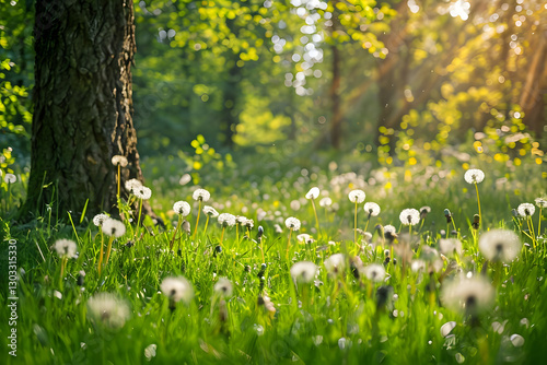 Spring meadow with dandelions, Vibrant Sunny Meadow With Dandelions And Tree Trunk