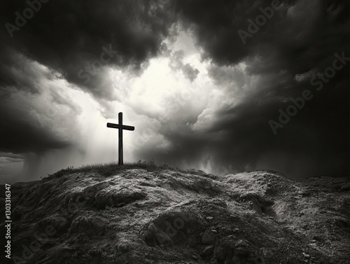 A dramatic black and white photograph of a solitary wooden cross standing on a windswept hilltop. 