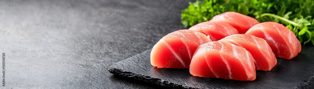 Freshly Cut Slices of Sushi Grade Tuna on a Slate Board Surrounded by Fresh Green Garnish Freshly Cut Slices of Sushi Grade Tuna on a Slate Board Surrounded by Fresh Green Garnish