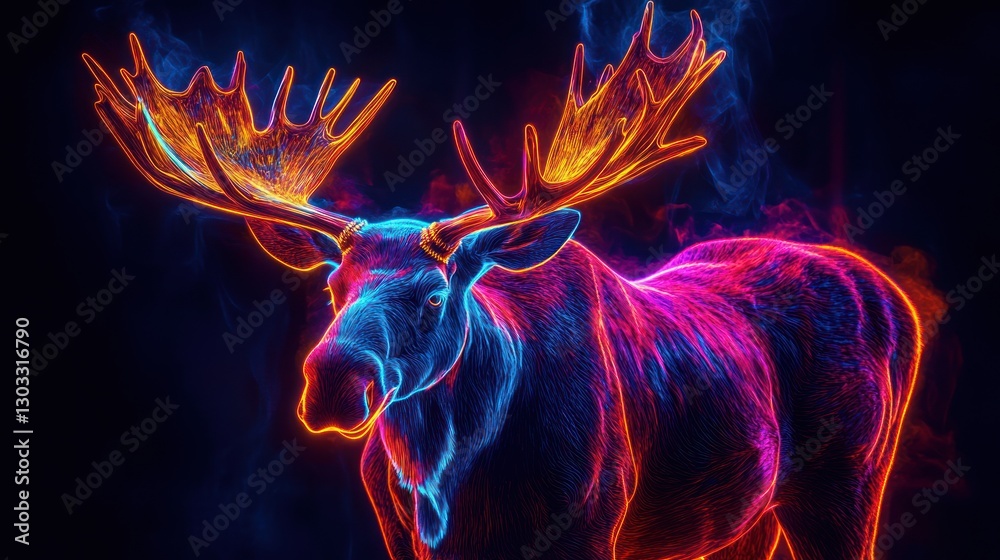 Neon moose with glowing antlers. Neon moose with glowing antlers.