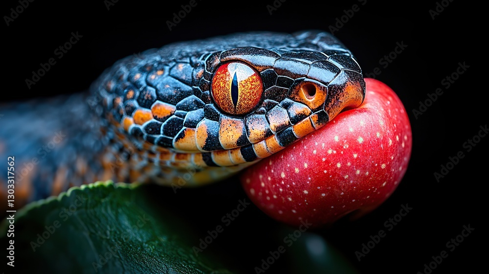 Fototapeta premium the original sin the forbidden fruit close up of snake on tree branch with red apple on black background
