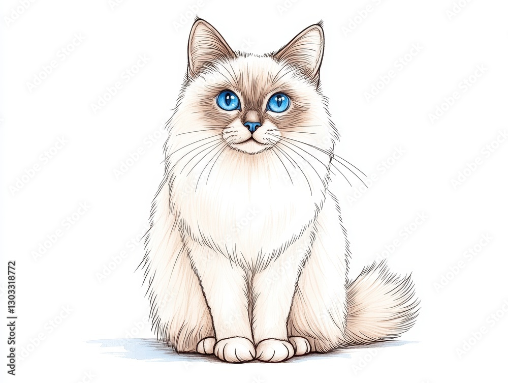 Fototapeta premium Cute fluffy cat with blue eyes sitting gracefully against a white background