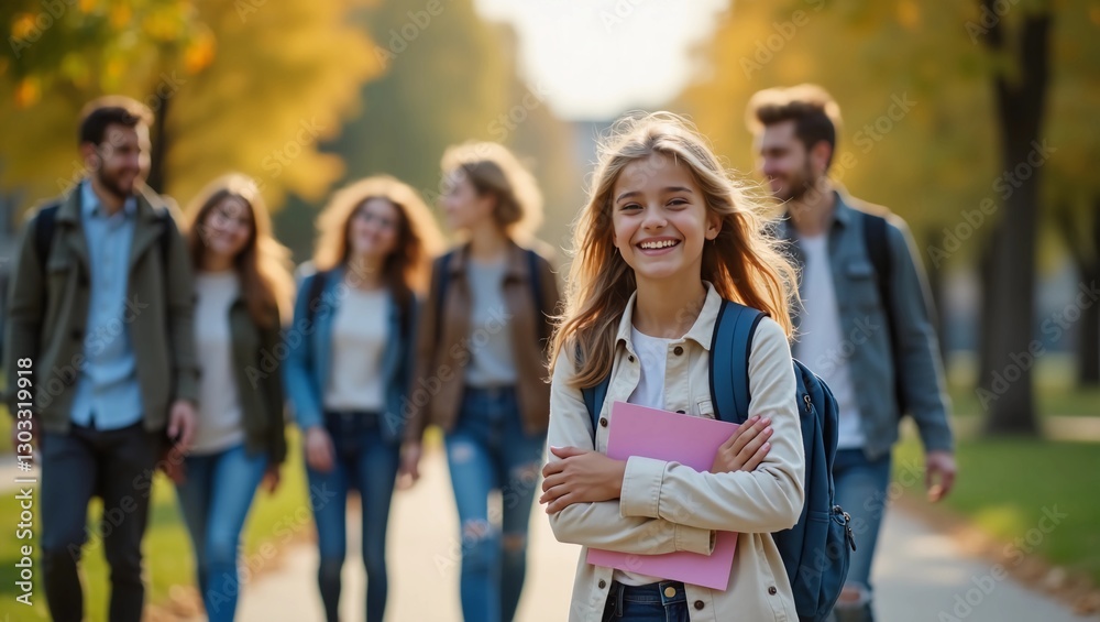 Fototapeta premium Walking, happy and girl with friends at university for learning, bonding and talking with fun. People, school and group of gen z students commuting outdoor ready for education at college campus.