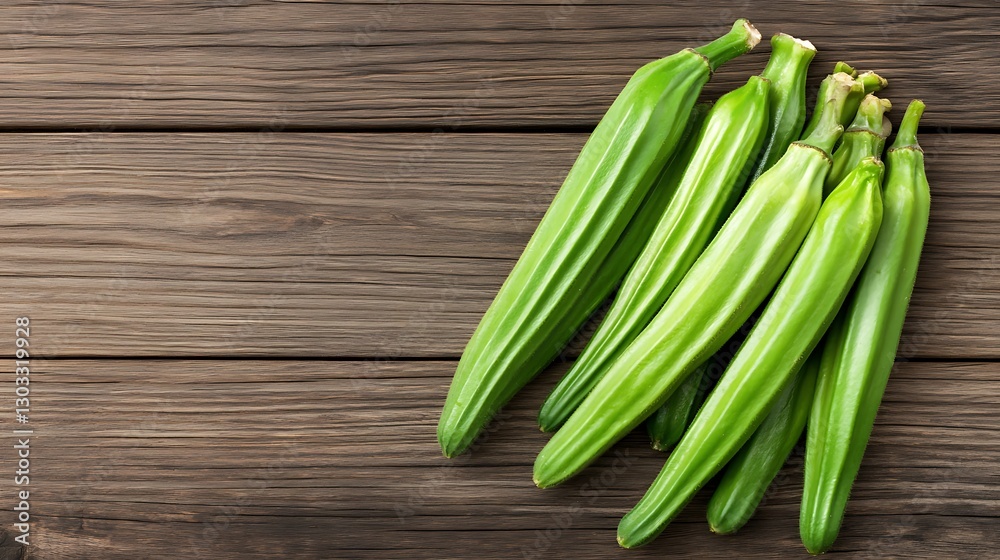 Fresh Green Okra on Wooden Table with Natural Texture and Rich Color for Healthy Cooking and Recipes Fresh Green Okra on Wooden Table with Natural Texture and Rich Color for Healthy Cooking and Recipes