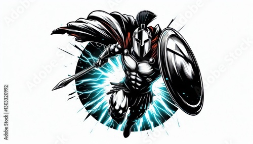 Character of a strong warrior charging forward with a spear and shield, showcasing determination and strength