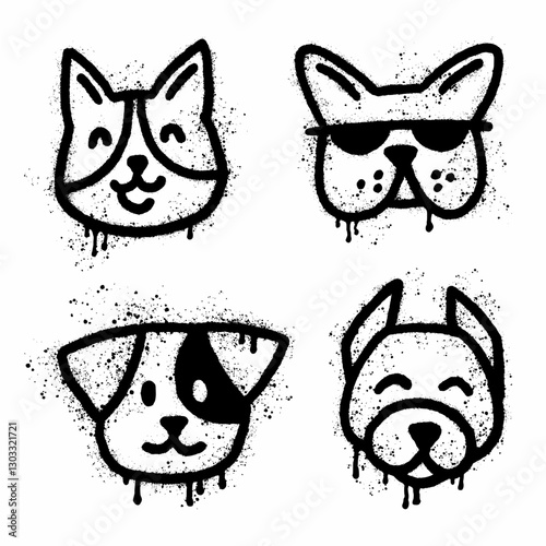 A collection of funny dog ​​faces hand painted in graffiti style using spray paint