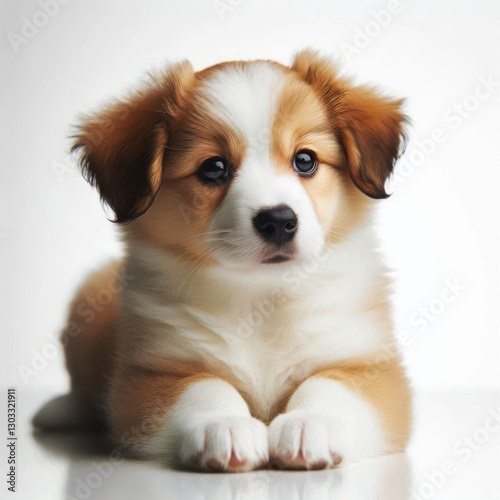 Cute corgi puppy lounging on a bright background, capturing attention with its charming expression and fluffy coat
