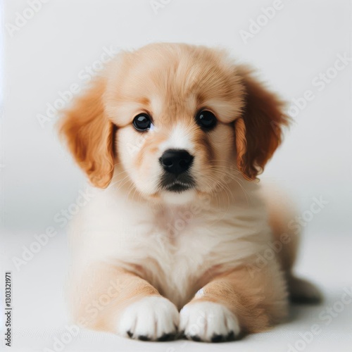 Cute fluffy puppy relaxing on a white background with curious eyes and fluffy ears
