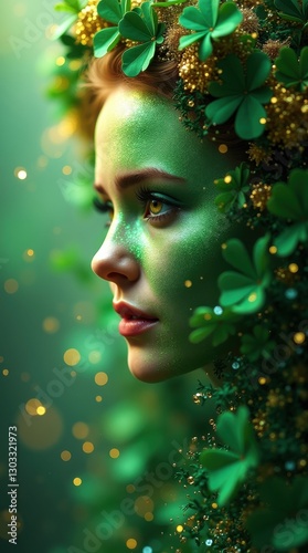 Portrait of a woman with green facial paint surrounded by clover leaves in a dreamy, mystical forest setting