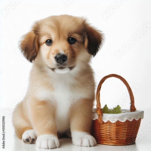 Cute puppy sits beside a small woven basket, showcasing playful innocence indoors in a bright, minimalist setting