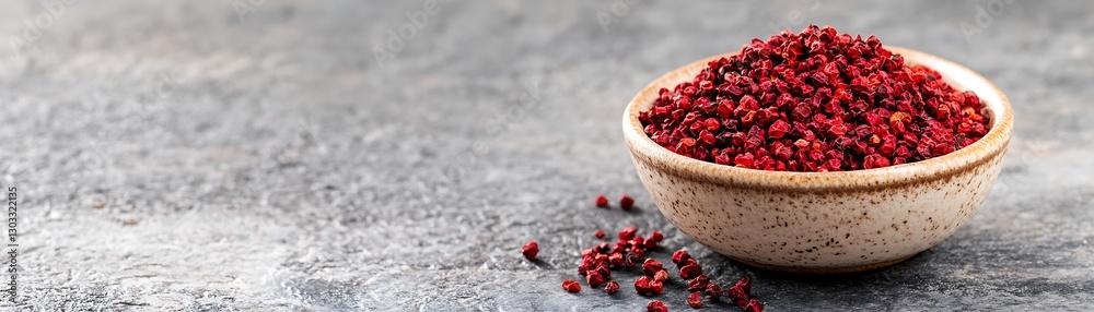 Close-Up View of Vibrant Red Sumac Spice in a Rustic Bowl on a Textured Gray Surface Close-Up View of Vibrant Red Sumac Spice in a Rustic Bowl on a Textured Gray Surface