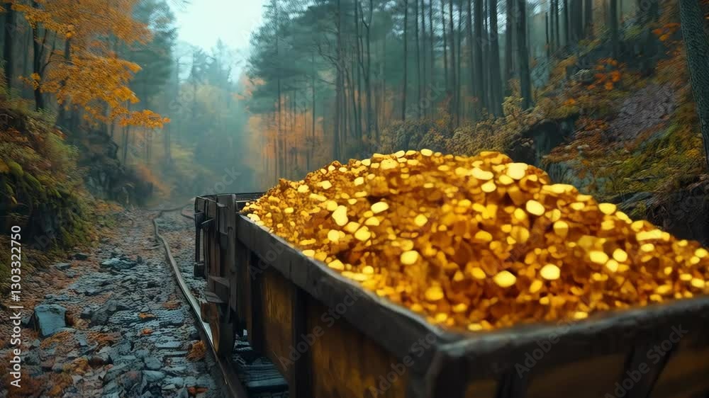Old mining cart filled with gold sits on tracks surrounded by autumn forest scenery Old mining cart filled with gold sits on tracks surrounded by autumn forest scenery