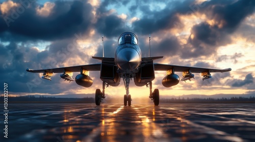 A majestic fighter jet stands proud on the tarmac under a vibrant sunset, capturing the intrigue and power of military aviation amidst dramatic skies.